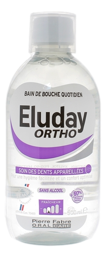 Eluday bain de bouche soin des dents appareillées sans alcool Pierre Fabre - flacon de 500 ml Eluday bain de bouche facilite l’hygiène dentaire des personnes porteuses d’appareils orthodontiques. Il rafraîchit l’haleine et contribue à maintenir des dents 